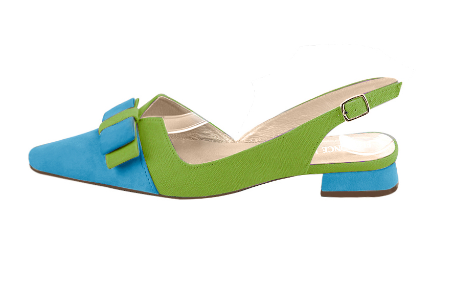 Women's turquoise blue and grass green elegant slingback heels, with a bow on the front. Tapered toe. Flat block heels - Profile view